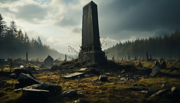 Ein uralter Grabstein in einem gruseligen Wald, ein mysteriöser und dunklen Ort, der von KI erzeugt wurde.