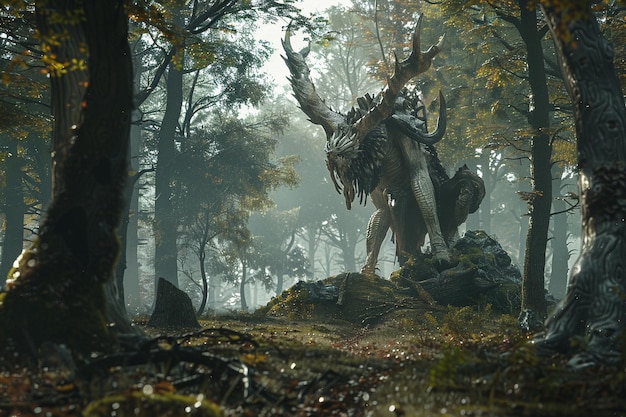 Ein uralter Wald mit mythischen Kreaturen, die frei umherwandern