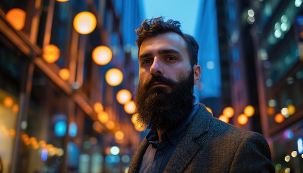 Ein urbaner, anspruchsvoller Mann mit Bart in den Lichtern der Stadt