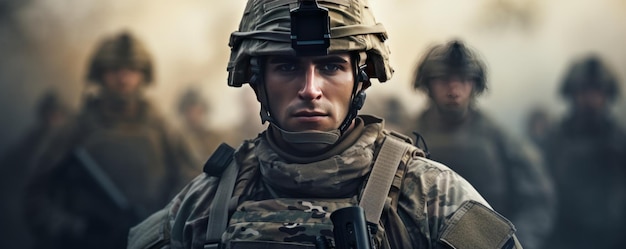 Ein US-Soldat in Militäruniform mit Soldaten im Hintergrund, KI-generativ