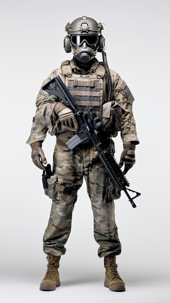 ein US-Soldat mit Maske in voller Kampfuniform vor einem leeren Hintergrund