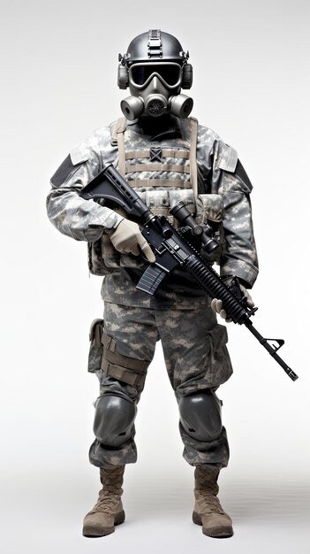 ein US-Soldat mit Maske in voller Kampfuniform vor einem leeren Hintergrund