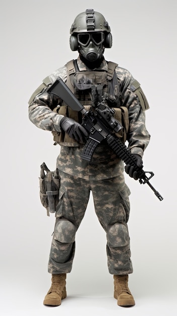 ein US-Soldat mit Maske in voller Kampfuniform vor einem leeren Hintergrund