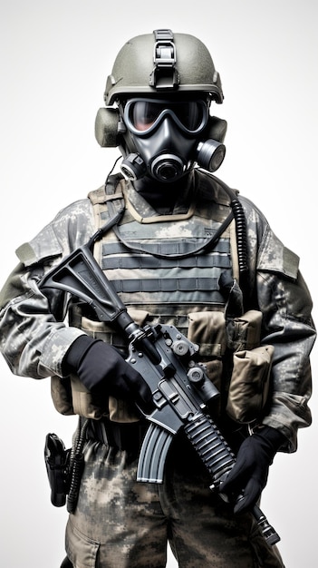 ein US-Soldat mit Maske in voller Kampfuniform vor einem leeren Hintergrund