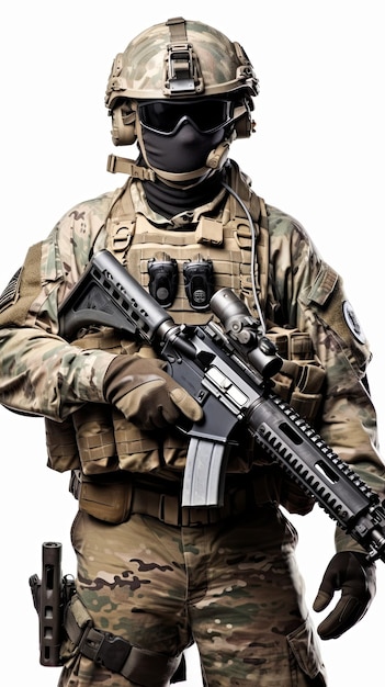 Foto ein us-soldat mit maske in voller kampfuniform vor einem leeren hintergrund