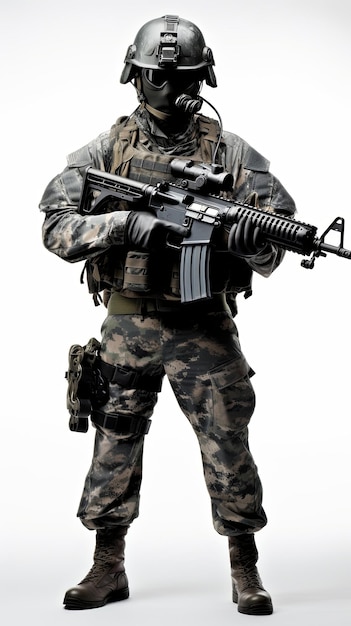 ein US-Soldat mit Maske in voller Kampfuniform vor einem leeren Hintergrund