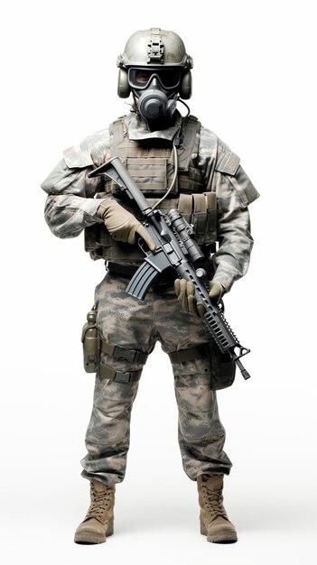 ein US-Soldat mit Maske in voller Kampfuniform vor einem leeren Hintergrund