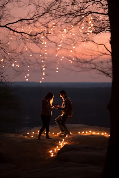 Foto ein valentinstagsantrag in einer natürlichen umgebung, der die überraschung und die emotionen einfängt