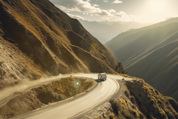 Ein Van fährt eine lange und kurvenreiche Straße entlang, umgeben von einer wunderschönen Landschaft, die mit generativer KI geschaffen wurde