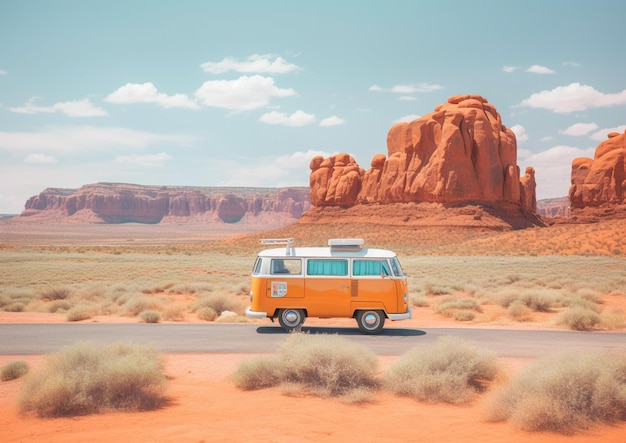 Ein Van in der Wüste mit einem Berg im Hintergrund