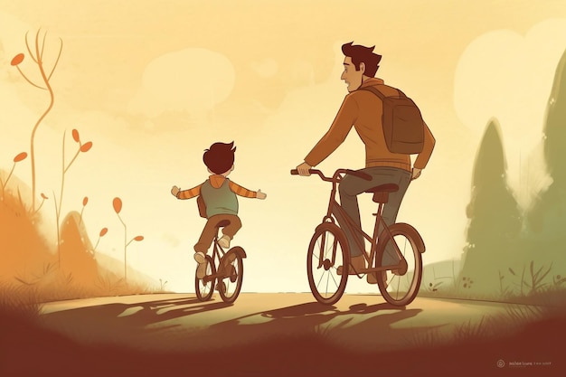 Ein Vater bringt seinem Kind bei, wie man Fahrrad fährt und gemeinsam Zeit verbringt. Grafische Illustration zum Vatertag. Generative KI