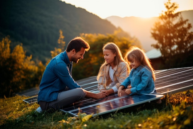 Ein Vater bringt seinen Kindern etwas über Solarenergie bei. Erstellt mit generativer KI-Technologie