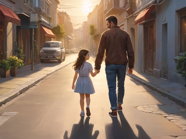 Ein Vater geht mit seiner Tochter die Straße entlang