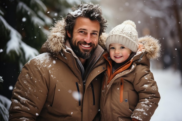 Ein Vater hebt seinen kleinen Sohn auf, während er an einem frostigen Tag im Freien Spaß hat