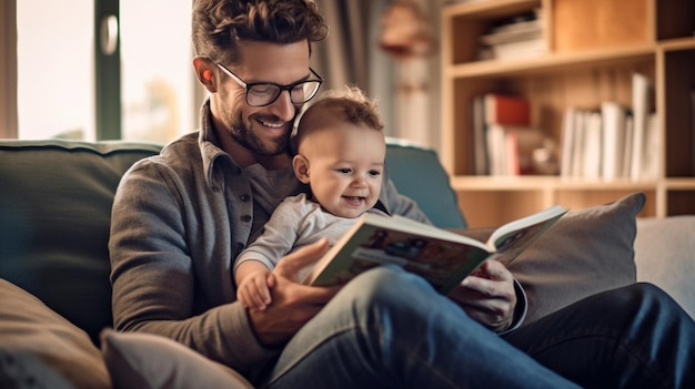 Ein Vater liest ein Buch, während er sein Kind auf dem Schoß hält