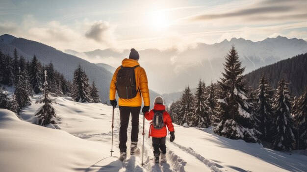 Ein Vater mit seiner kleinen Tochter schaut während des Urlaubs und im Winter auf schneebedeckte Berge in einem Skigebiet