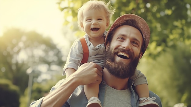 Ein Vater und ein Kind lächeln und tragen einen Hut