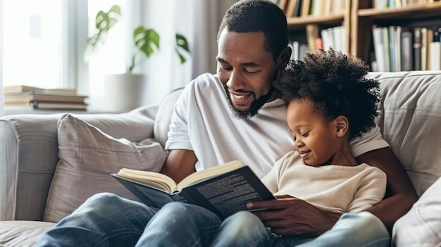Ein Vater und ein Kind lesen zusammen ein Buch auf der Couch