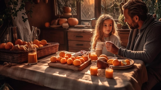 Ein Vater und eine Tochter sitzen an einem Tisch mit Orangen und einem Korb voller Orangen.