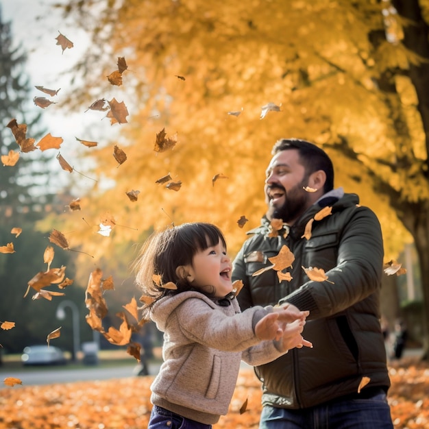 Ein Vater und eine Tochter spielen im Park, während Herbstblätter von den Bäumen fallen.