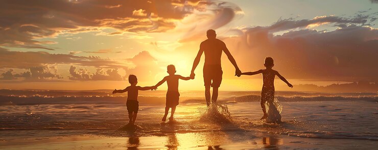 Foto ein vater und kinder halten sich an den händen und gehen bei sonnenuntergang im wasser