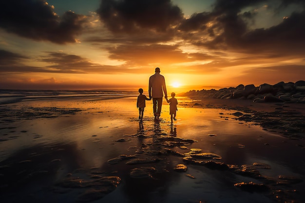 Ein Vater und sein Sohn gehen Hand in Hand entlang eines AI-generierten Strandes