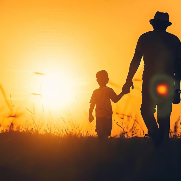 ein Vater und sein Sohn halten sich bei Sonnenuntergang auf einem Feld an den Händen Generative KI