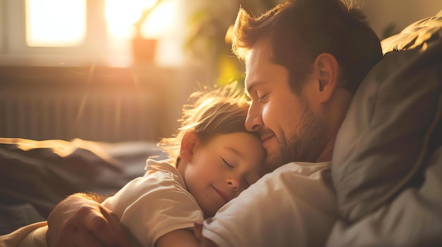 Ein Vater und sein Sohn schlafen in einem Bett, der Vater hält den Sohn fest, die Sonne scheint durch das Fenster.