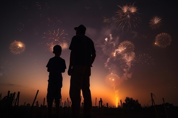 Ein Vater und sein Sohn sehen sich nachts ein Feuerwerk an.
