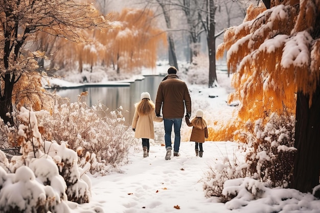 Ein Vater und seine beiden Töchter gehen im Winter in einem verschneiten Park in der Nähe eines Sees spazieren