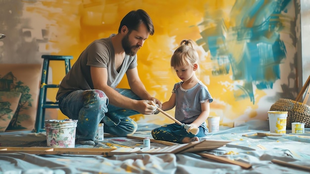 Foto ein vater und seine tochter malen eine wand in ihrem haus