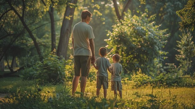 ein Vater und Sohn gehen mit den Händen in der Luft durch den Wald