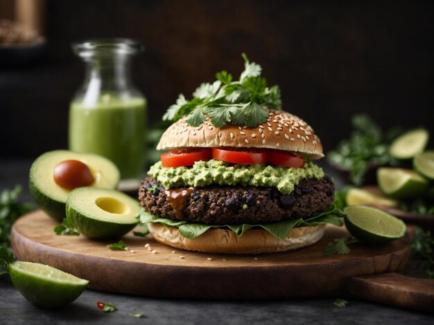 Foto ein veganer burger mit hausgemachter schwarzer bohnenpastete mit frischer guacamole