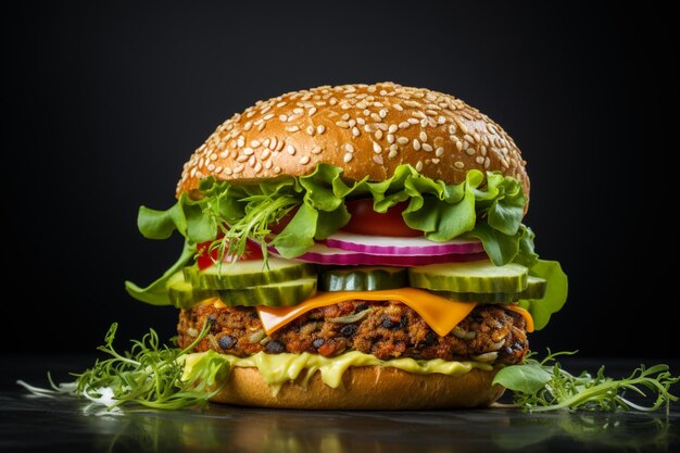 Ein veganer Linsenburger mit Gemüse ist auf einem hellgrauen Hintergrund zu sehen