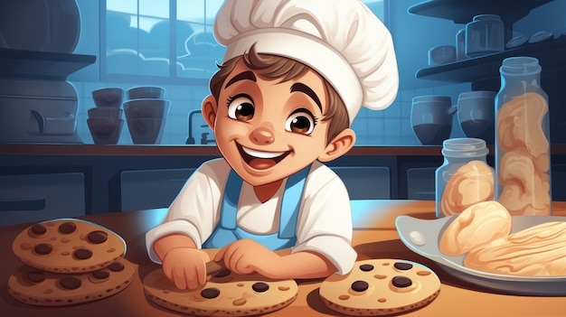 Ein Vektor-Cartoon-Kind in einem Koch-Hut und Schürze