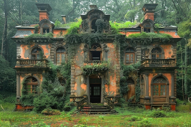 Ein verfallendes Herrenhaus mit zerfallenden Wänden und überwucherter Vegetation