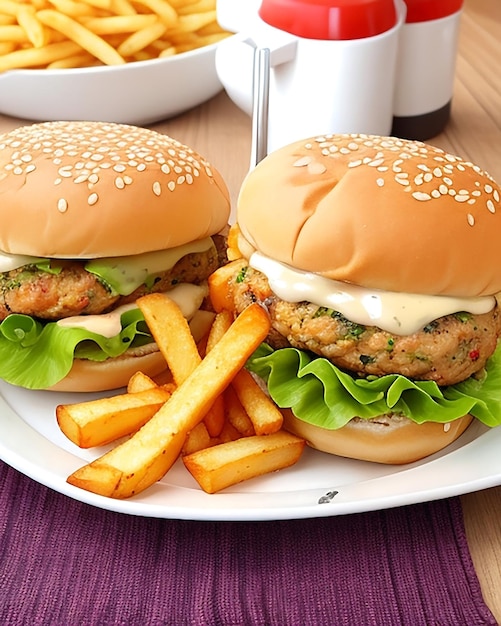 Ein verführerischer Burger und Pommes Frites auf einem Teller