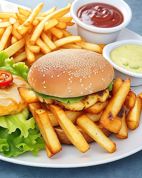 Ein verführerischer Burger und Pommes Frites auf einem Teller