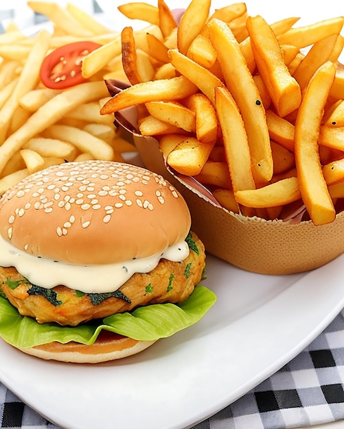 Ein verführerischer Burger und Pommes Frites auf einem Teller