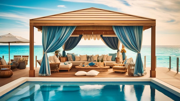 Ein verführerisches Bild einer gehobenen Cabana am Pool, die ein luxuriöses Lounge-Erlebnis und einen faszinierenden Meerblick bietet