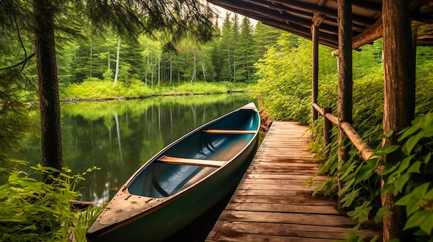 Ein verführerisches Bild eines hölzernen Kanus, das in der Nähe einer luxuriösen Seehütte angedockt ist und die Gäste einlädt, sich auf ein ruhiges und exklusives Abenteuer einzulassen