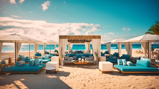 Ein verführerisches Bild eines luxuriösen Strandclubs mit erstklassigen Annehmlichkeiten und einem exquisiten Meerblick
