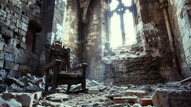 Foto ein vergessener thron sitzt in einem ruinierten saal, das licht strömt durch ein gebrochenes fenster herein.