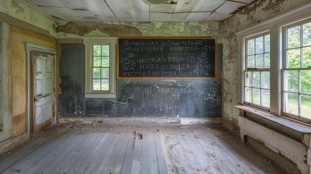 Ein vergessenes Klassenzimmer mit schälender Farbe und zerbrochenen Fenstern Die Tafel ist immer noch mit Kreideschriften bedeckt