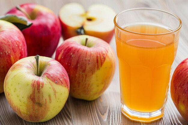 Foto ein vergleich von apfelsaft und ganzen äpfeln, der das konzept von quelle zu produkt hervorhebt