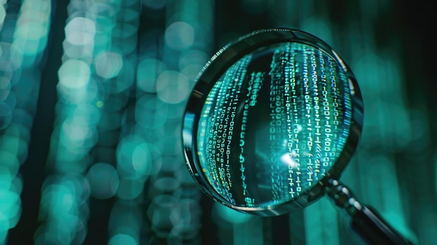 Ein Vergrößerungsglas konzentriert sich auf einen Computerbildschirm mit vielen Zahlen