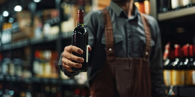 ein Verkäufer in einem Weingeschäft bietet eine Flasche Wein an Generative KI