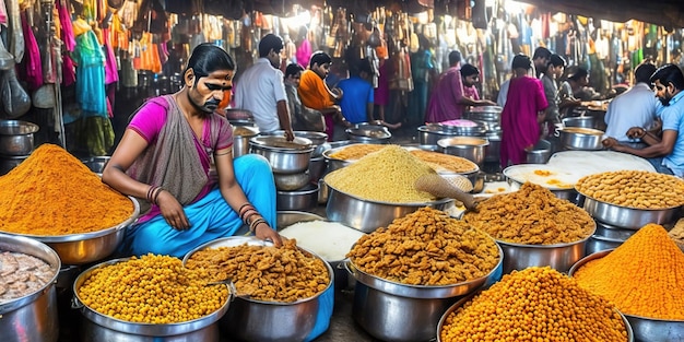 Ein Verkäufer verkauft Lebensmittel auf einem Markt in Indien.