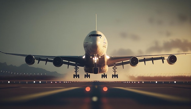 Ein Verkehrs- oder Frachtflugzeug hebt mit generativer KI von der Landebahn des Flughafens ab