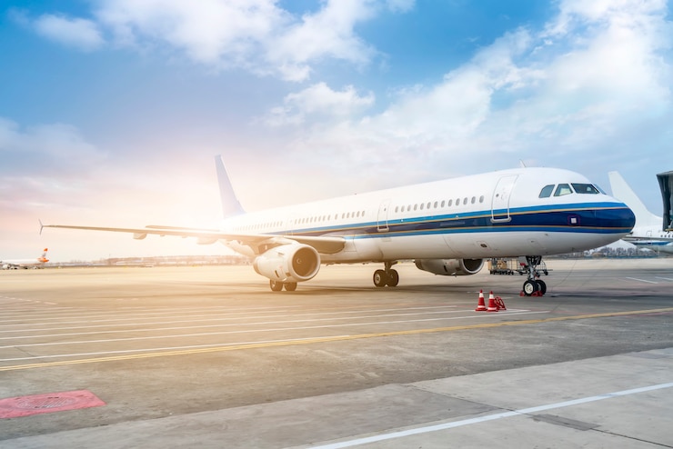 Foto ein verkehrsflugzeug auf der rollbahn schürze